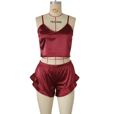 

Hot summer ladies sexy suspender shorts silk pajamas two-piece suit