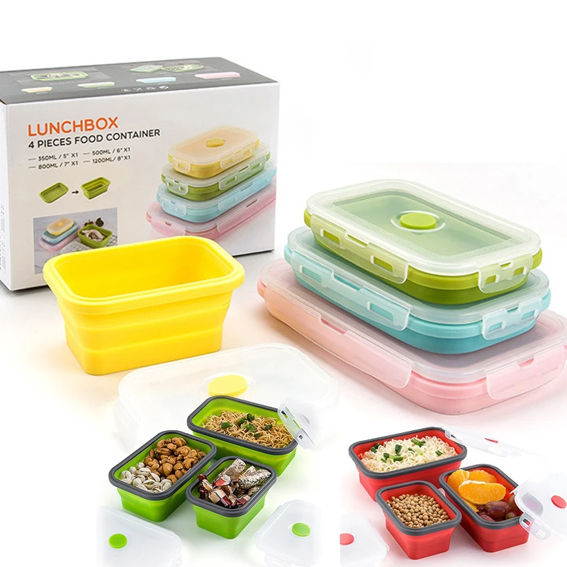 

Modern Foldable Food Grade Silicone Rectangle Lid Food Storage Snack Containers 4 Pieces Silicone Lunch Box Sets, Customized