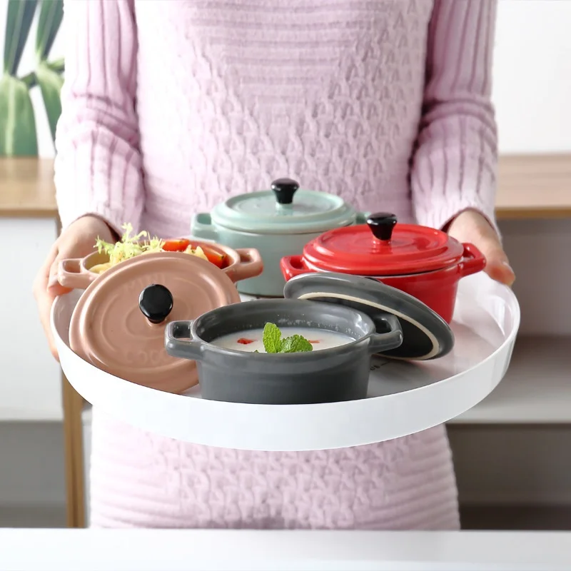 

Matte denier stewing cup with cover, double lug and waterproof baking bowl, high quality ceramic soup bowl, Blue pink red green