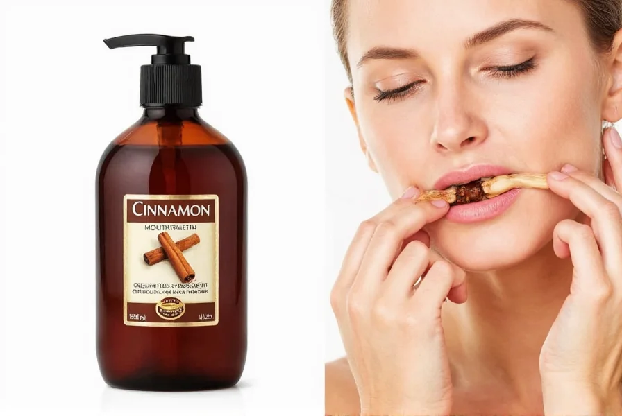 Close-up of natural cinnamon sticks and mouthwash bottle showing proper dilution ratio for homemade cinnamon mouth rinse