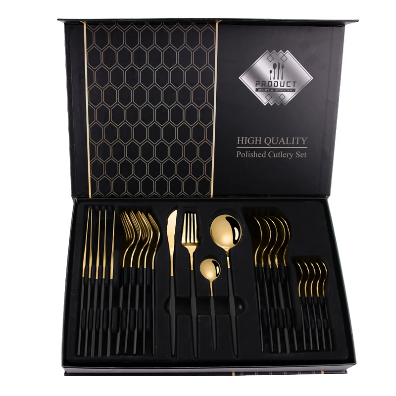 

Luxury Case Custom Cutlery Kit Box Eco Gold Plated Spoon Fork And Knife Manufacturers Golden Cutlery Set Stainless Steel, Black, pink, blue, green