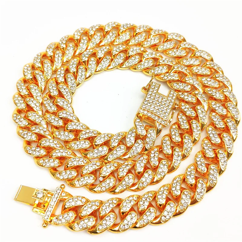 

12mm Hot Selling High Quality Cuban Link Chain Necklaces Hips Hops Iced Out Pave Full Crystal Cuban Link Chain Necklace For Men