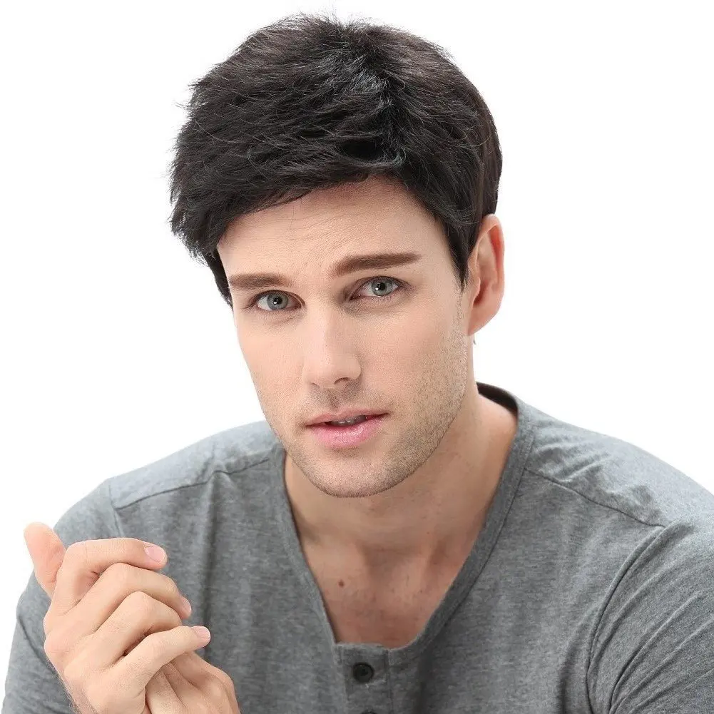 

Hair Wig Toupee For Men 100% Human Hair,Mens Toupee short Hairpiece With Brown-black Hair