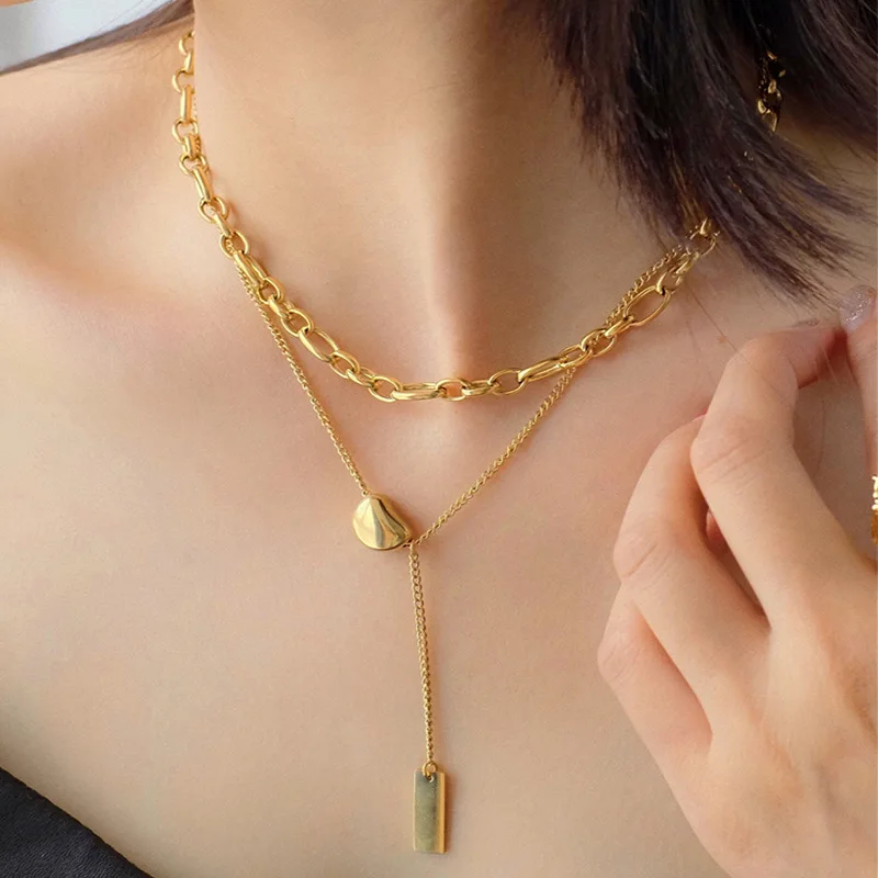 

Vintage Golden Bean Double Layer Punk Pendant Necklace Stainless Steel Chain Geometric Choker Necklace For Women Jewelry Set