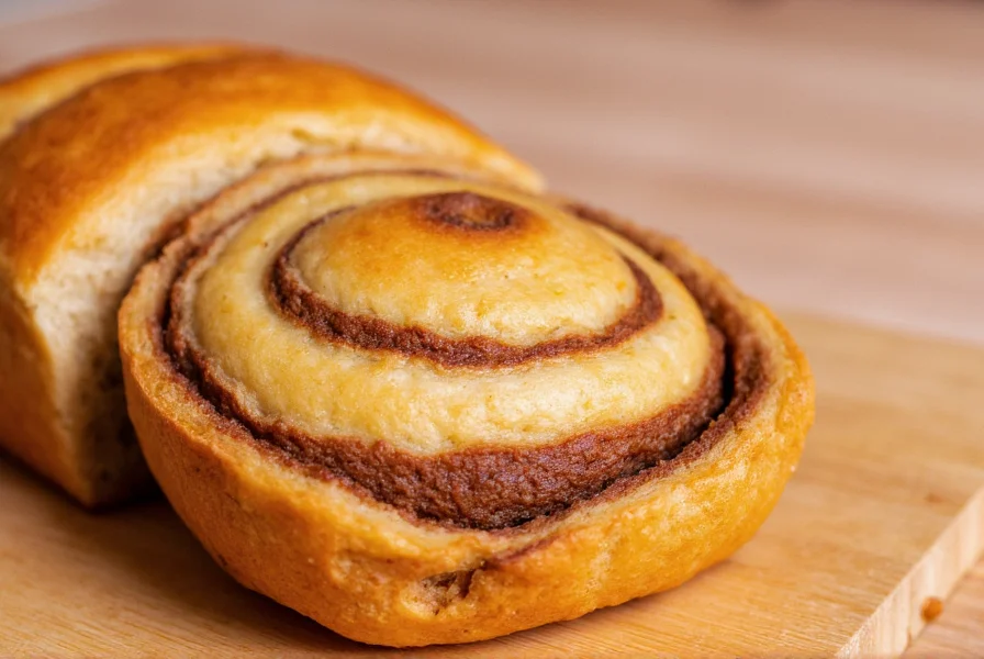 Close-up of golden brown homemade cinnamon swirl bread with visible spiral pattern on a wooden cutting board