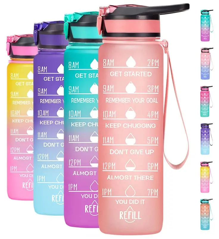 

2023 Hot Sale Leakproof 32oz Fitness Outdoor Sports Water Jug with Time Marker Large Plastic Motivational Water Bottle