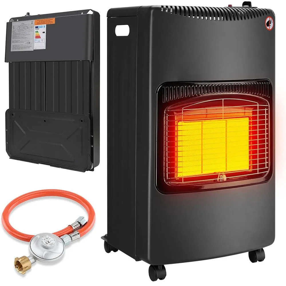 CE-certified gas room heater with EU energy label and 30 mbar regulator
