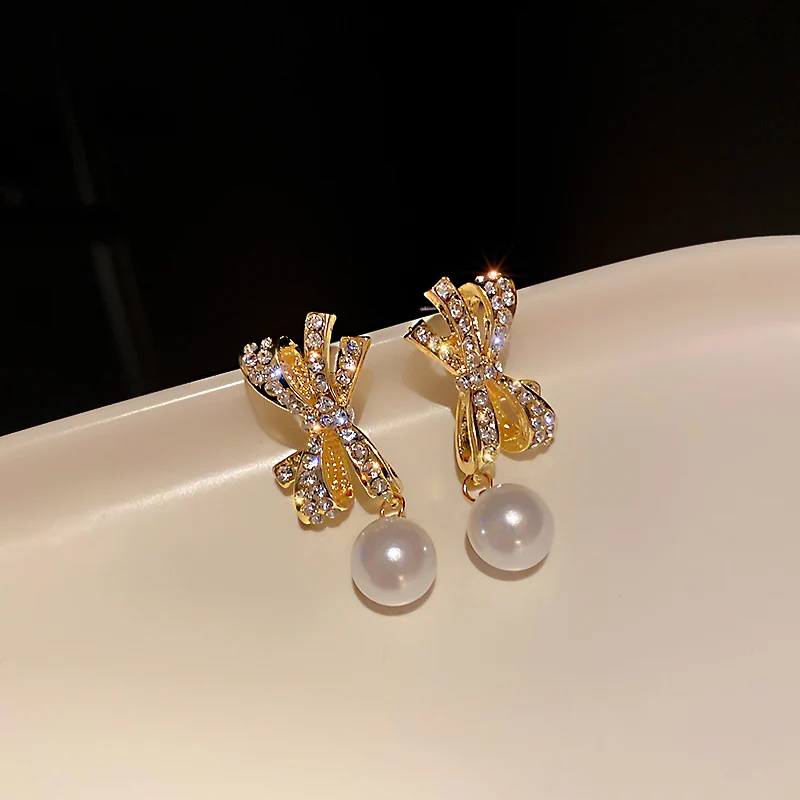 

trendy fashion women crystal drop bow earrings