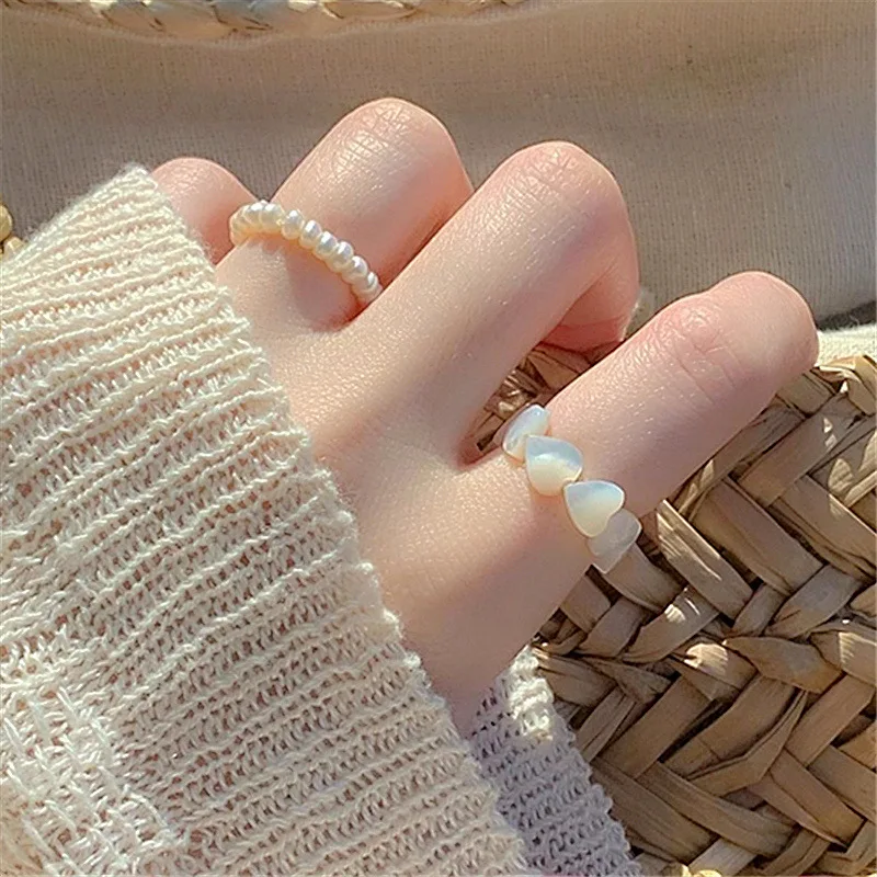 

Shangjie OEM anillos Fashion Women Heart Rings Jewelry Shell Rings Trendy Pearl Rings for Girls, Gold