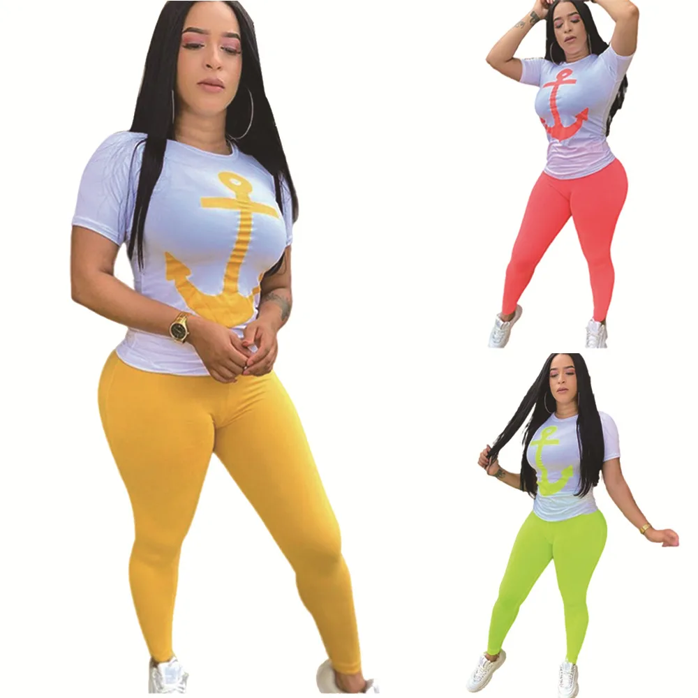 

Wholesale Summer Solid Color Sexy Bodycon Print Short Sleeve Tshirt Casual Women Two Piece Pants Set, Picture