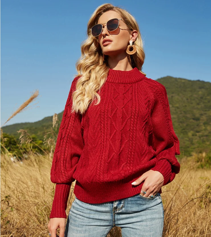 

Europe Trendy Ladies Knit Tops Cable Half Turtleneck Overisized Women's Clothes Pullover Sweater, White,red,black,custom