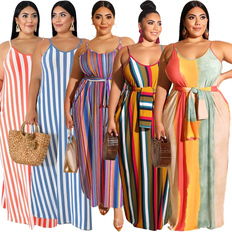 

Hot Sell Custom Plus Size Dress 5 Colors Loose Stripes And Girdle Straps Plus Size Clothing Women 19258, As pics