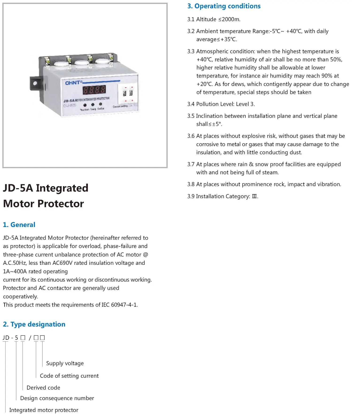 Chint original JD-5A Overload Phase failure Three phase current unbalance protection Integrated Motor Protector