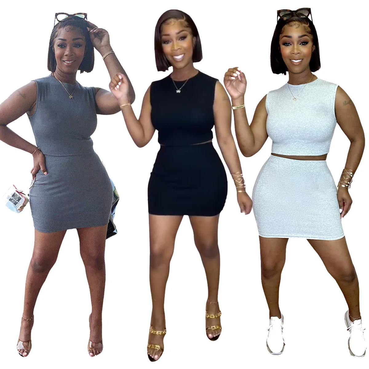 

S-XXL Solid color atmosphere contracted movement sleeveless skirt temperament match short pants two piece for women