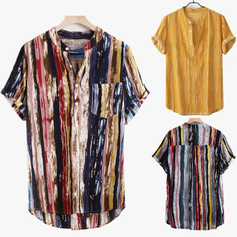 

Summer Fashion Printed Shirt Men's Stand Collar Half Sleeve Shirt Men's Casual Short Sleeve Shirt