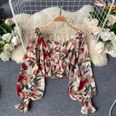 

Fashion Women Long Puff Sleeve Printed Chiffon Blouse Tops