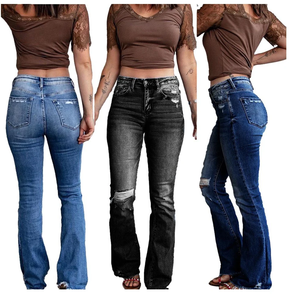 

high waist jeans plus size women's pants & trousers ladies boot cut trousers pants distressed denim pants 2022