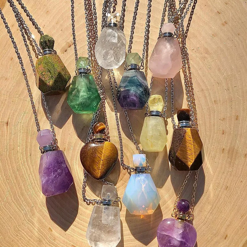 

Faceted Natural Stone Crystal Essential Oil Vial Pendant Necklace Healing Crystal Perfume Bottle Charms Chains Jewelry Necklaces