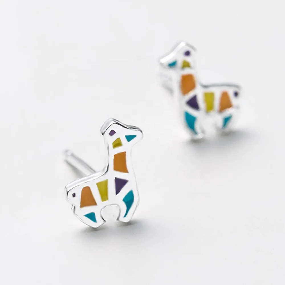 

Cute mini children jewelry brass white gold plated animal giraffe enamel printed dripping oil stud earrings jewelry, Silver