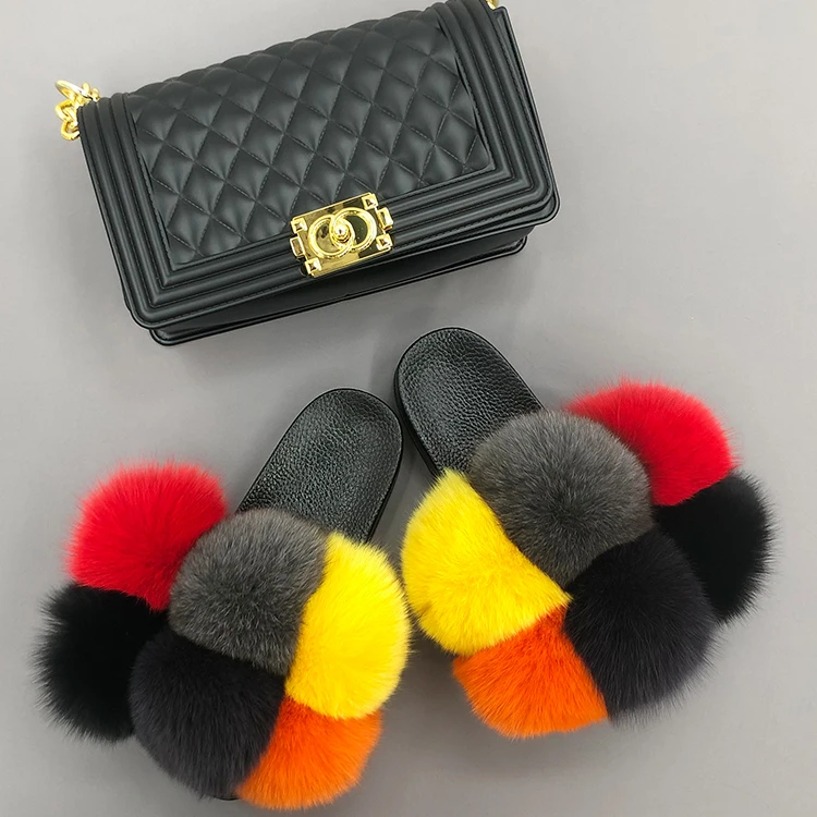 

Women Girls Big Fluffy Fur Slides Jelly Handbag Real Fox Fur Slides and Purse Set, Customized color