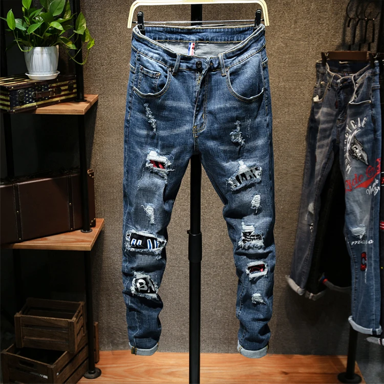 

2019 hot new style Men Leisure Biker jeans embroidery printing badge England style High street Breathable Comfortable pants, Picture color