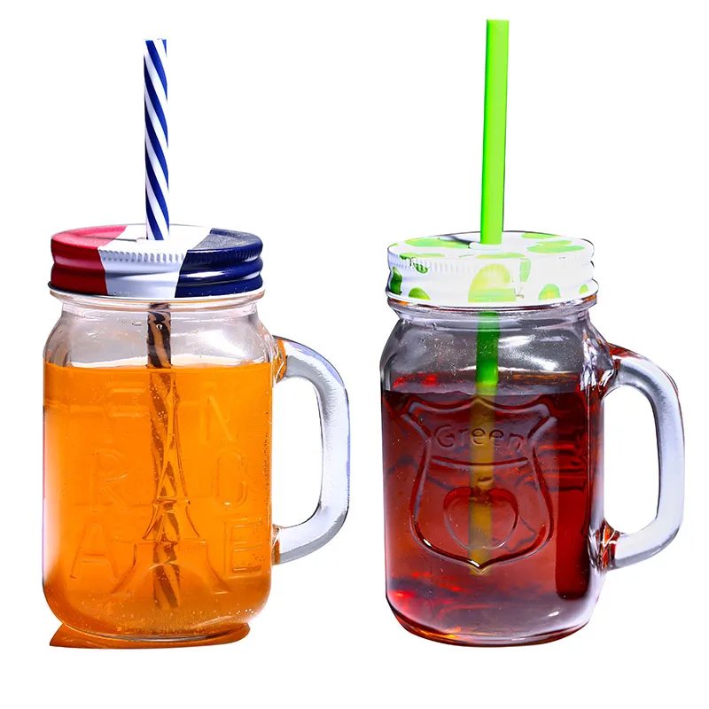 

Wholesale transparent glass beverage bottles mason bottles with handle