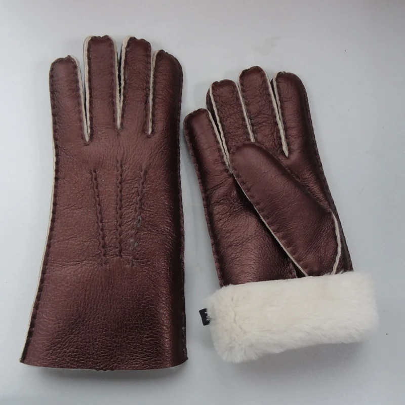 Hot Sale Winter Warm Nappa Sheepskin Double Face Shearling Wine Red Leather Glove Sheepskin 1774