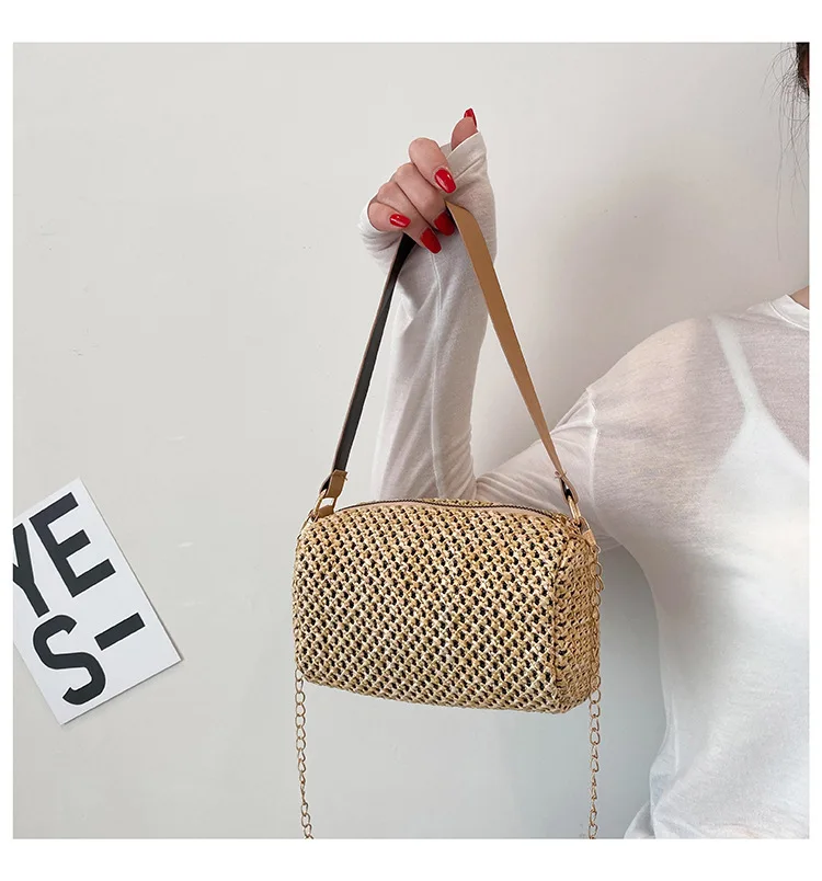 

Factory wholesale small sling bag 2021summer latest cheap korean fashion chain crossbody straw bucket bag, White