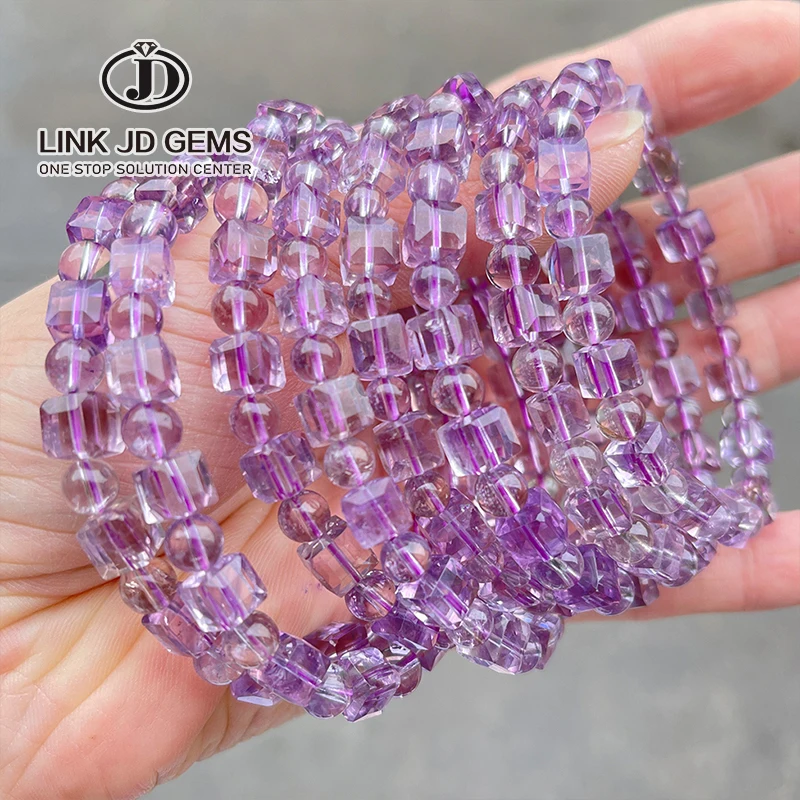 

JD Wholesale Natural Stone Stretch Beads Charm Bangles Natural Faceted Amethyst Square Bracelet for Men Women Gift