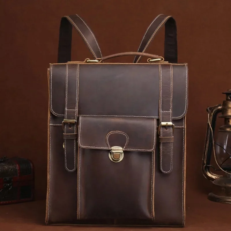 

Crazy Horse Leather Rucksack Knapsack Single Shoulder Messenger Bag Retro Unisex School Bag Cowhide Leather Daypack Backpack, Customized