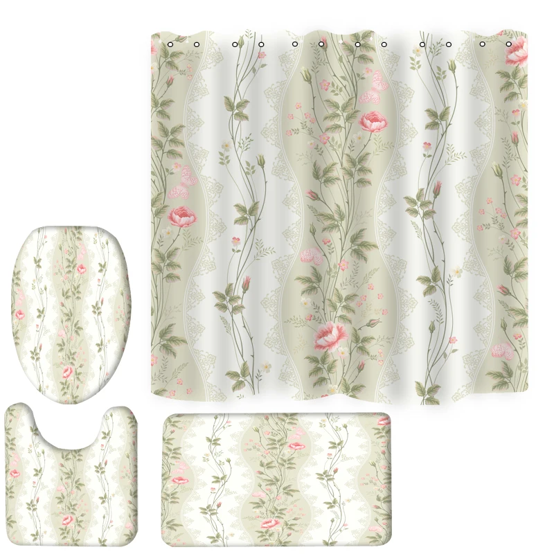 

180x180cm customizable partition bathtub shower curtain bathroom non-slip floor mat shallow pink flowers four-piece bathroom set, Picture