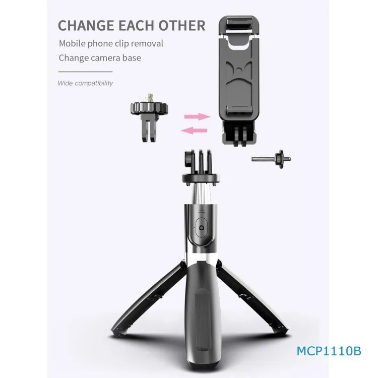 

In Stock L02 100cm Multi function Adjustable BT flexible Self timer Pole 360 rotation Tripod Selfie Stick, Balck