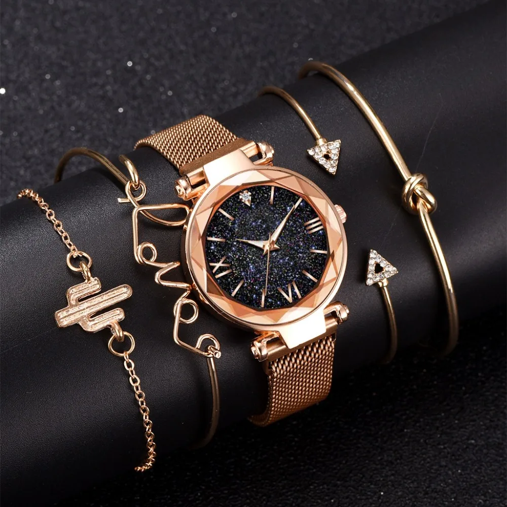 

Fashion starry sky Roman style Milan watchband magnet buckle quartz womens watch and bracelet set 5pcs/set