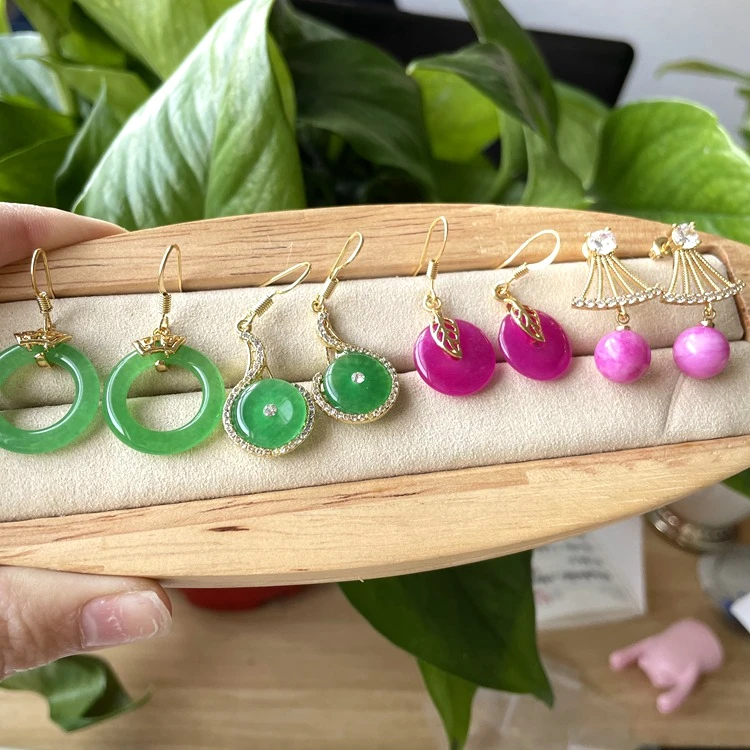 

Jialin 2021 INS new jewelry jade earring fuchsia heart jade circle fan shape green happiness jade hoop earrings