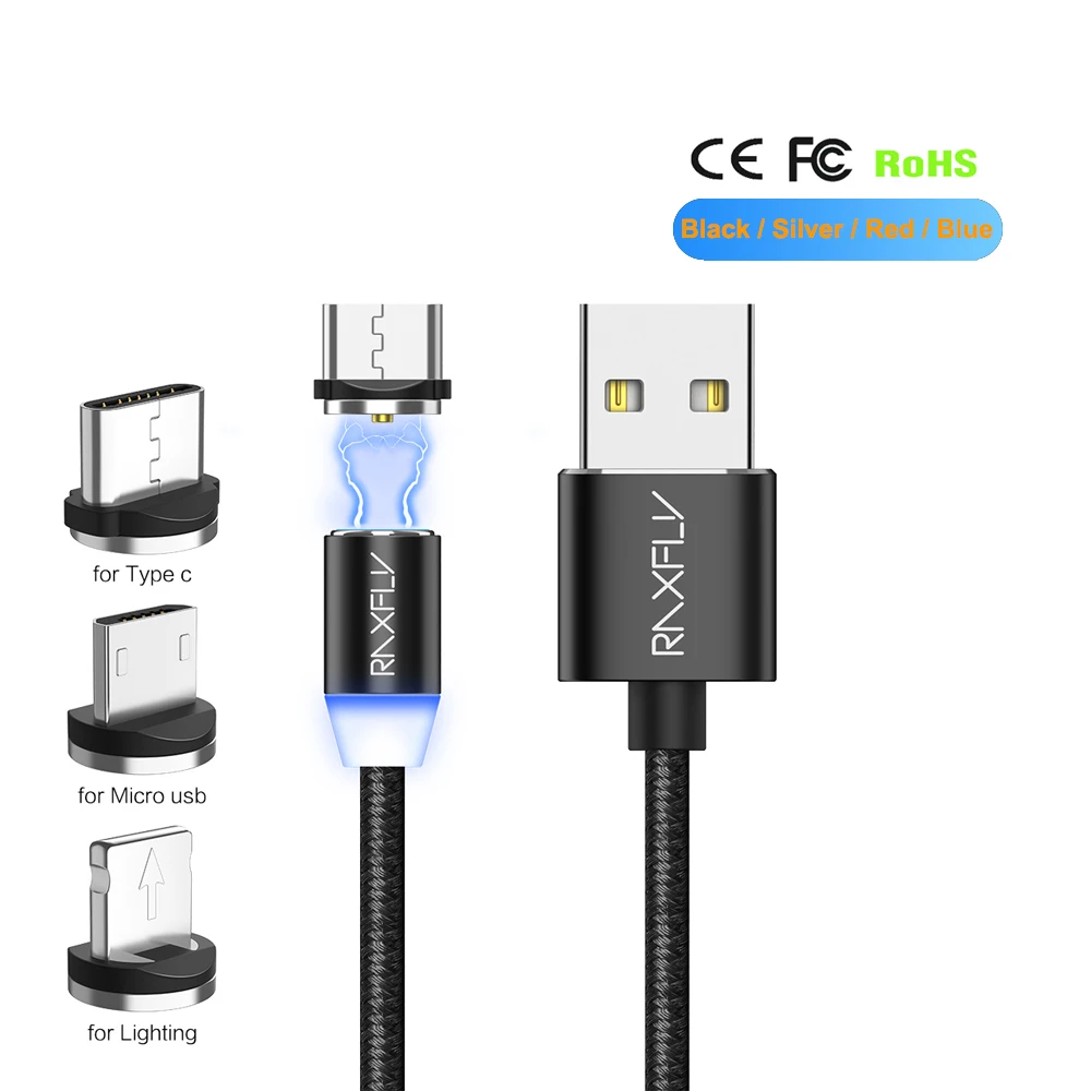 

Free Shipping 1 Sample OK Nylon Braided Magnetic Fast Charger RAXFLY Mobile Phone Charging Micro Usb Cable With Led Light