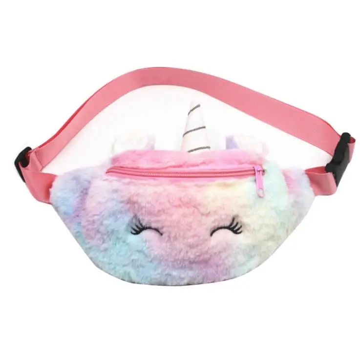 

Custom Hot Sale Fashion Outdoor Cute Cartoon Unicorn Plush Velvet Cross Body Bag Children Waist Fanny Packs for Kids, Customized color