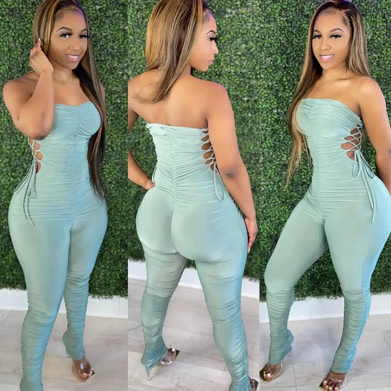 

Women Tube Top Pants Sets Lace Up Shirring Jumpsuits Sexy Skinny Jumpsuits, Green/pink