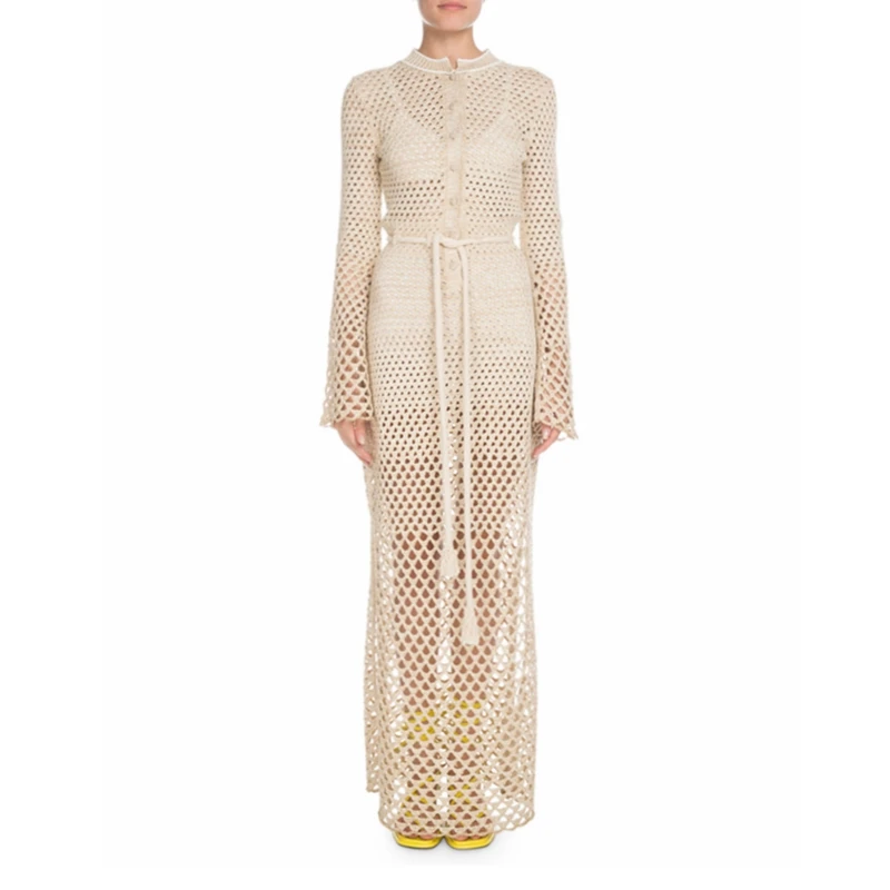 

High Quality Bell Sleeve Button Front Tie Waist Crochet Elegant Long Sweater Party Dress