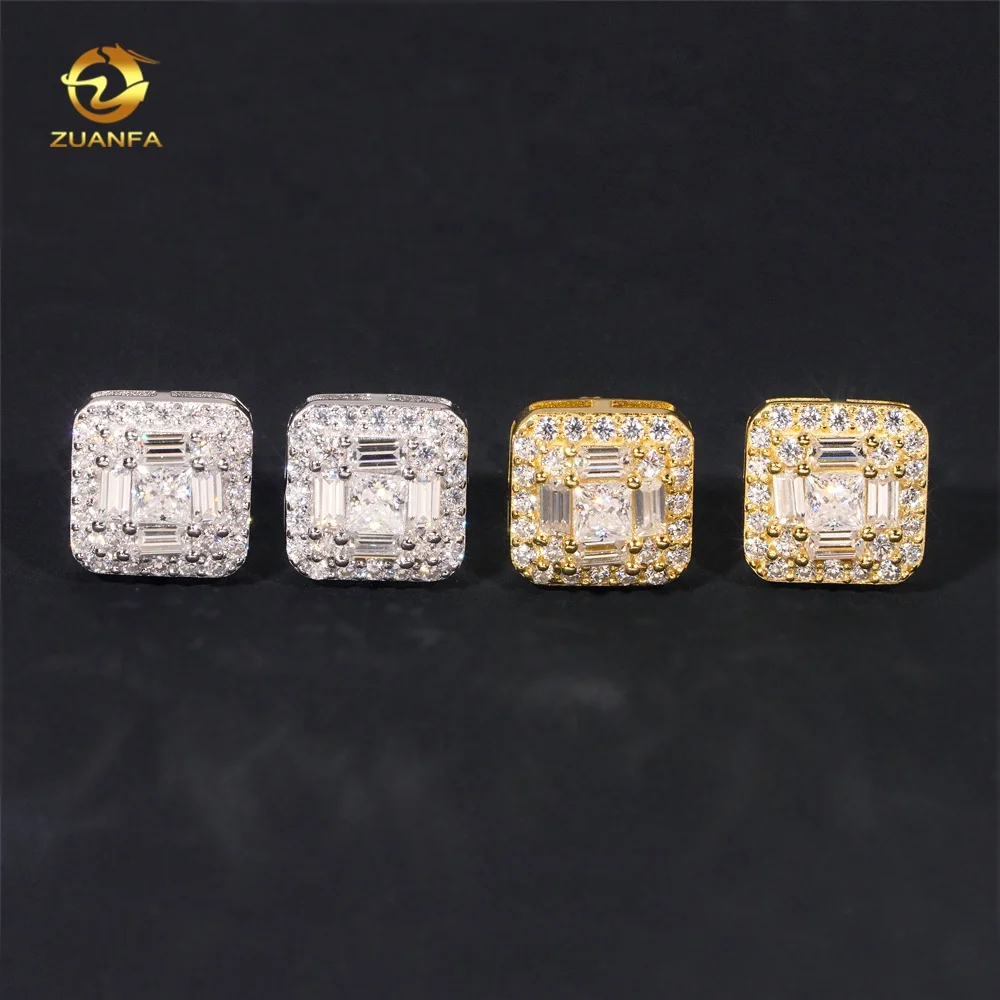 GRA Certificate Hip Hop Screw Back Iced Out Moissanite 925 Sterling Silver Square Mens Diamond Earrings