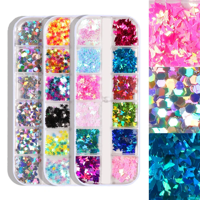 

Mixed Colors Butterfly Shape Holographic AB Shiny Laser Nail Glitter Sequins Love Star Laser Shining Holographic Nail Stickers, Mix