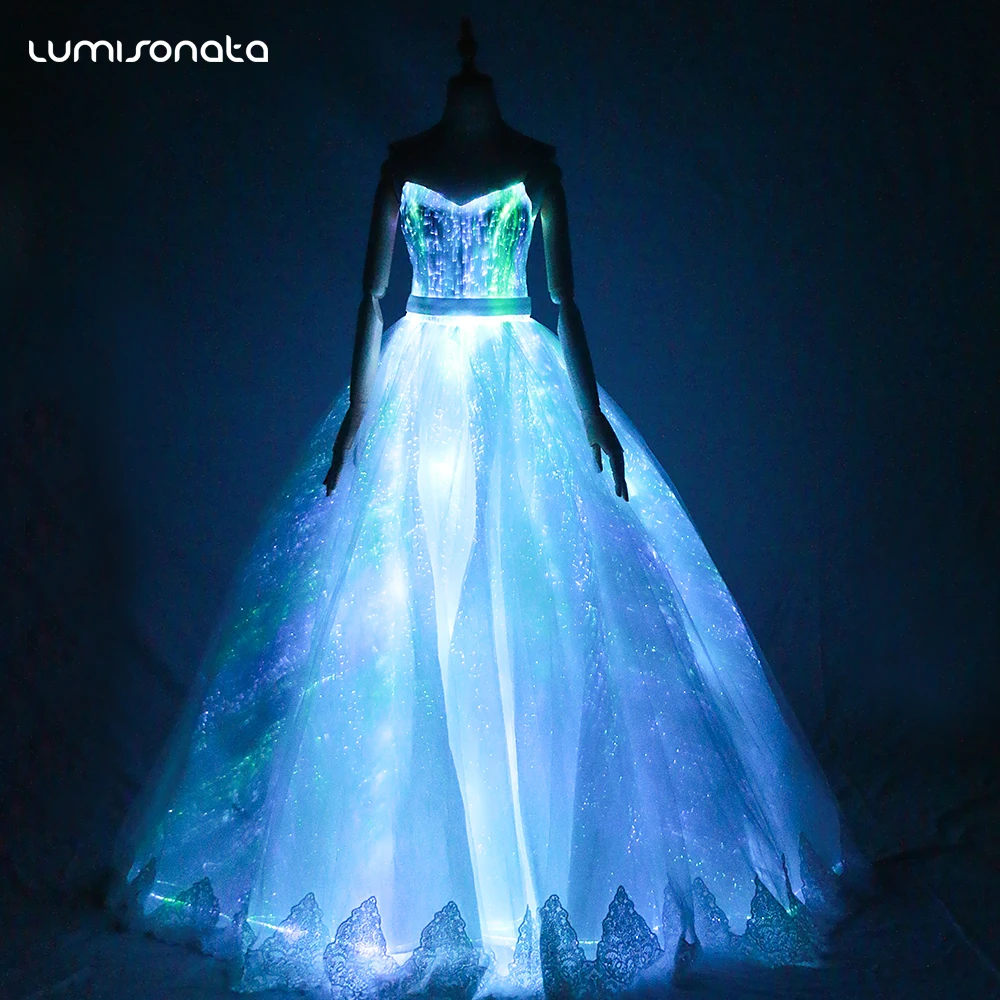 

2021 National Style One-piece Belt Dress Made with Led Luminous Fiber Optical Fabric Glowing Fiber Optic Wedding Dress