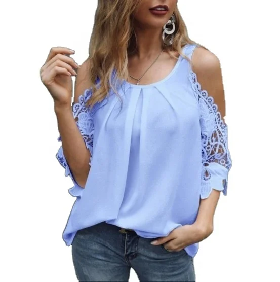 

Womens Tops Blouse Shirt Top Casual Hollow Out Sleeve Off Shoulder Shirt Ladies Blouse Tops, As picture