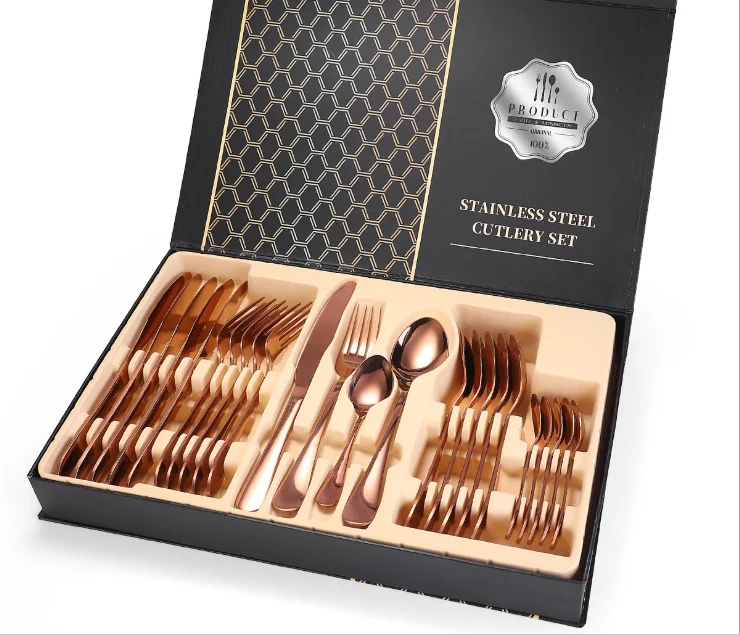 

Metal gold colour Stainless steel tableware 24 PIECE SET cross border gift box set knife fork spoon travel cutlery sets, Customized