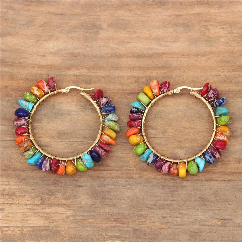 

Ethnic Handmade 7 Chakra Natural Stone Imperial Jasper Chip Beaded Hoop Earrings Boho Wire Wrapped Earrings for Women Jewelry