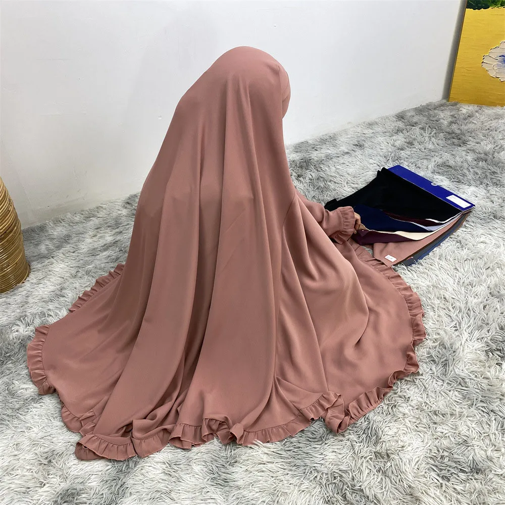 Nida Ruffle Khimar With Niqab Strings Dubai Ramadan Eid Prayer Long Hijab Islamic Clothing Instant Scarf for Muslim Women