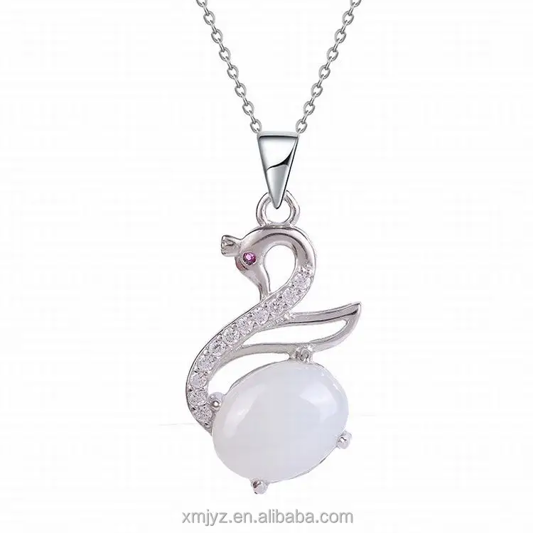 

Certified S925 Silver Inlaid Natural Hetian Jade Pendant Swan Necklace Clavicle Chain