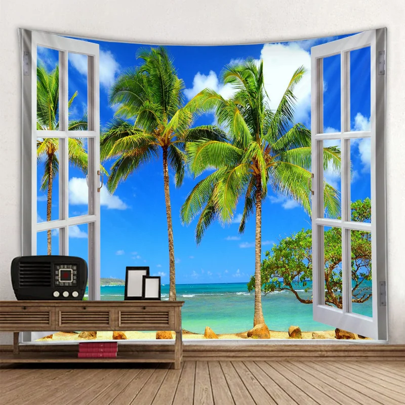 

Coconut Trees Tapestry Wall Hanging Seaside Scenery Wall Tapestry Outside of Balcony Tapestries for Bedroom Living Room, Customized color