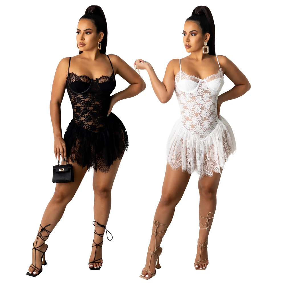 

Summer hot sexy bodycon lace halter sleeveless hollow out contain the briefs one piece women clothing mini dress, Black/white