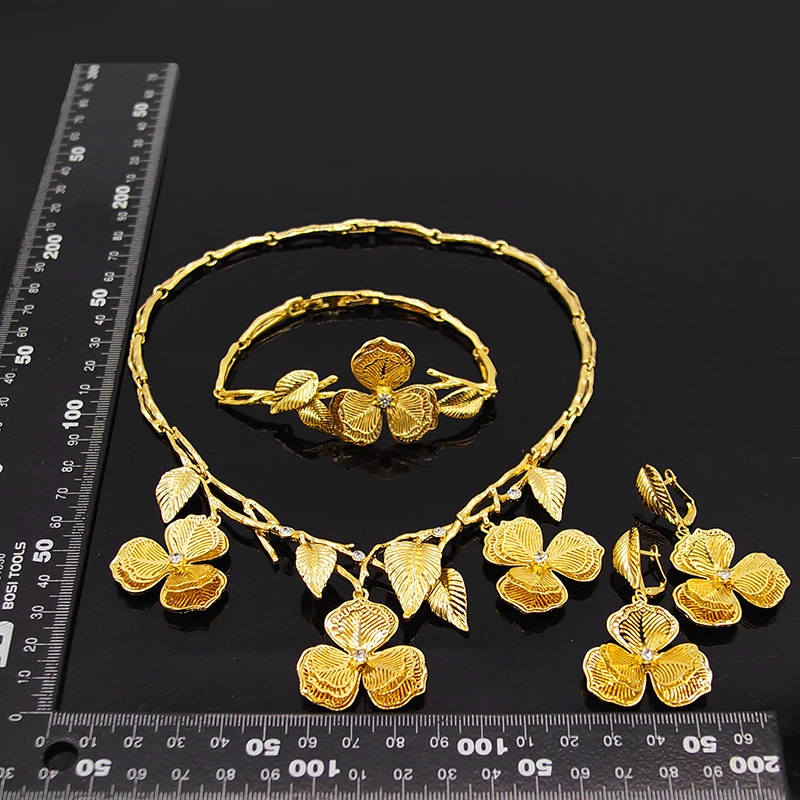 24k Gold Plated Expensive Jewelry Set Brazil Gold Big Jewelry Set Costume Flowers Jewelry