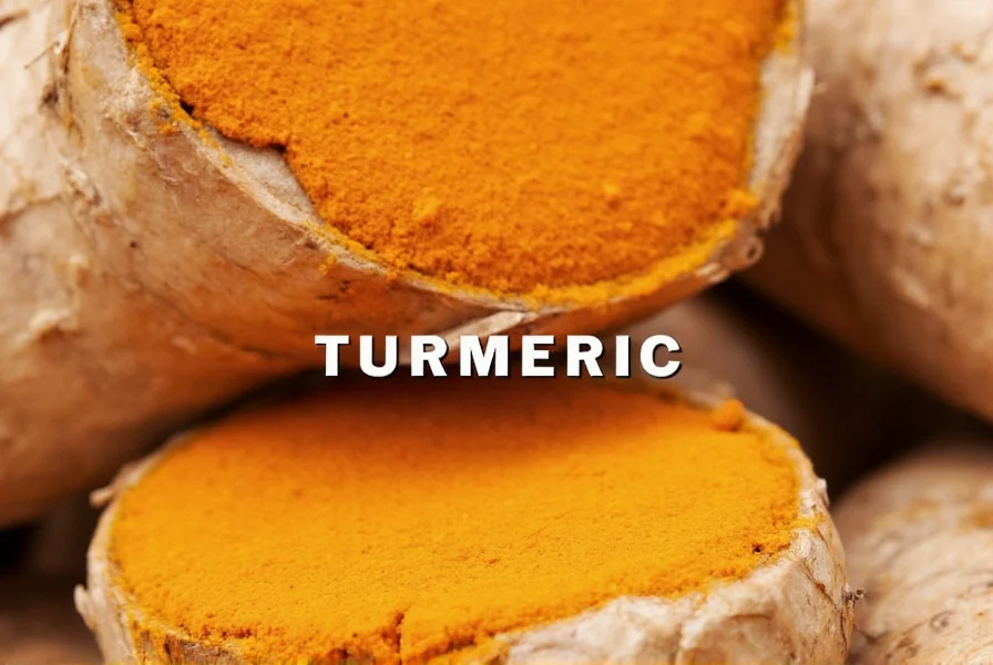 Close-up photograph of turmeric root showing its knobby structure and vibrant orange interior, with text overlay showing correct spelling: T-U-R-M-E-R-I-C